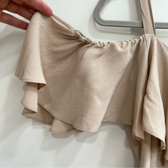 Misa Los Angeles Emil Dress in Stone Tan Taupe Ruffle Off Shoulder Size Small - Picture 5 of 10
